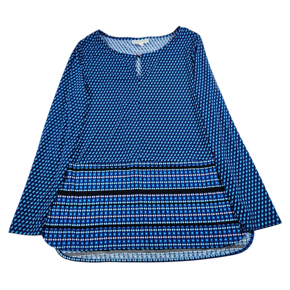 Dana Buchman Top Womens Medium Blue Geometric Keyhole Long Sleeve Blouse